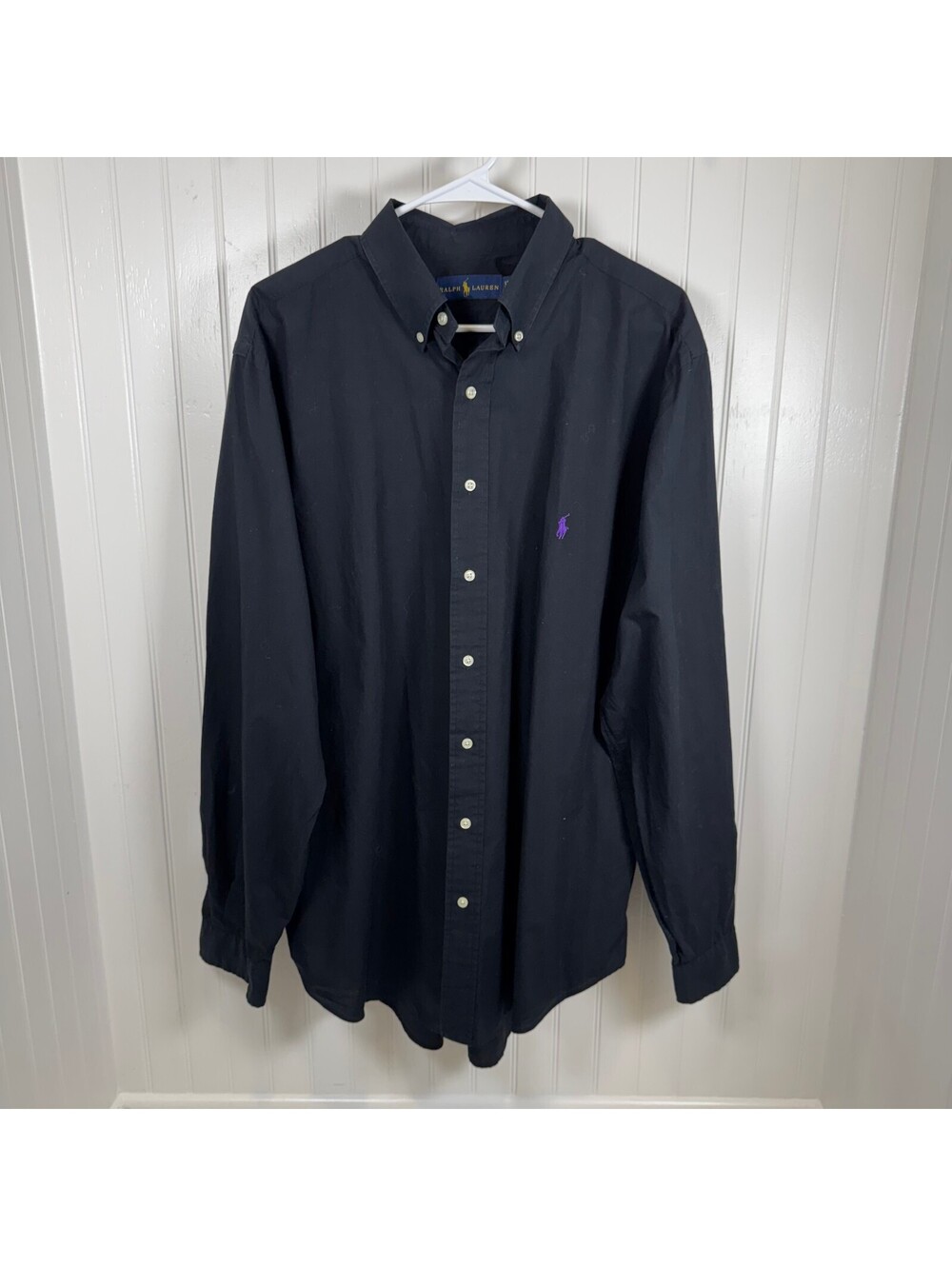 Ralph Lauren Men's Black Button Down Purple Pony 100% Cotton Size Large Tall LT